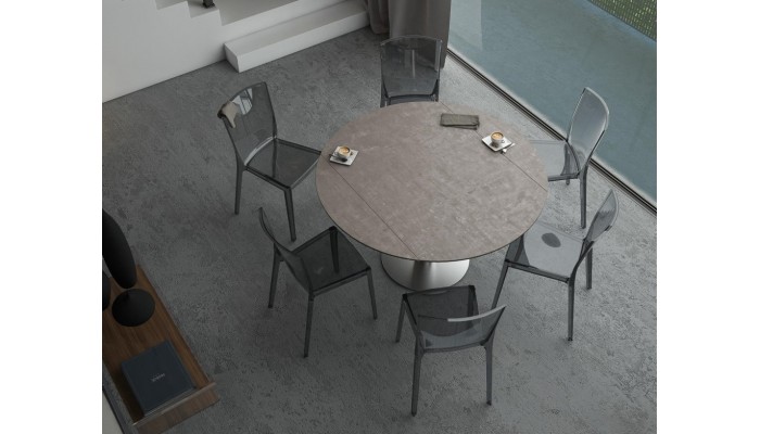 LUNA - Table de repas extensible deux allonges intégrées pied central acier inox brossé