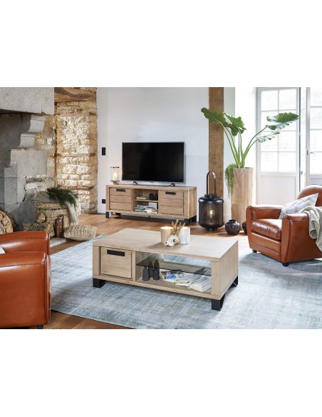HUDSON - Meuble TV 2 portes 1 niche 160 cm en chêne massif 160cm
