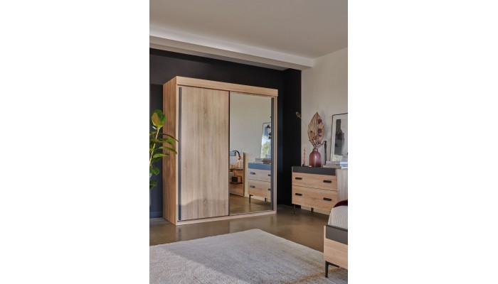 FIRST - Armoire coulissante porte bois/miroir CELIO