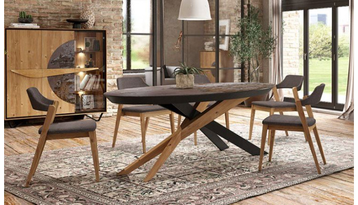 CANCALE - Table ovale pieds fer et bois avec 1 allonge
